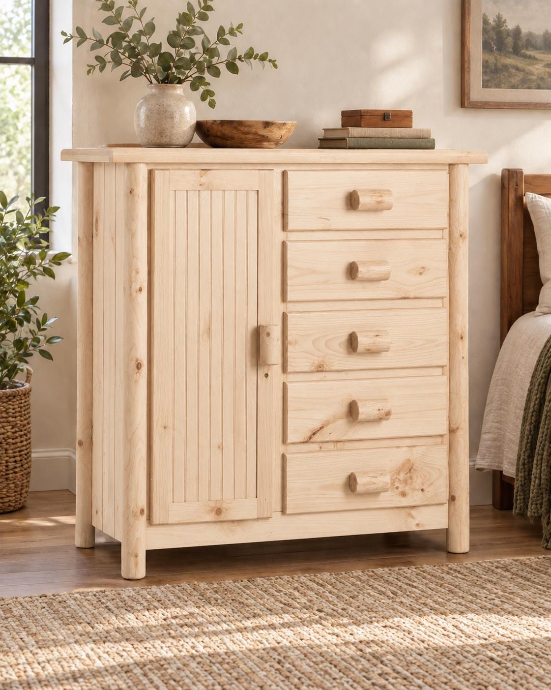 Rustic Log Chifforobe with Hanging Wardrobe & 5 Drawers