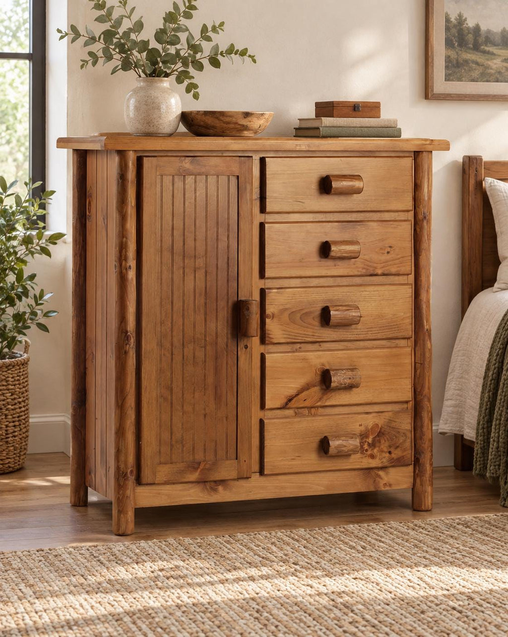 Rustic Log Chifforobe with Hanging Wardrobe & 5 Drawers