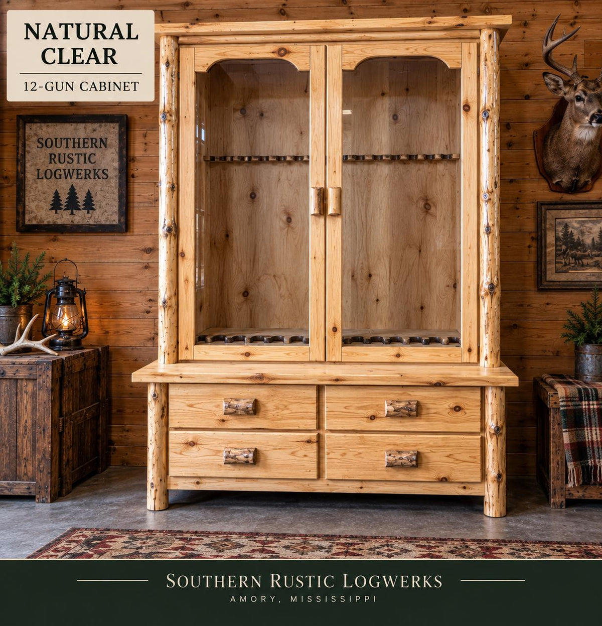 Rustic Log Gun Cabinet – 8, 10 or 12 Guns, Four Finishes