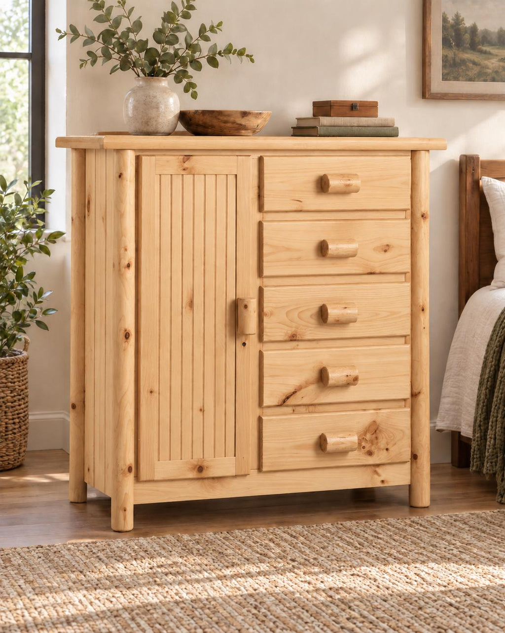 Rustic Log Chifforobe with Hanging Wardrobe & 5 Drawers