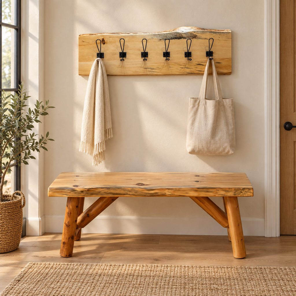 Live Edge Wall Coat Rack with 6 Black Hooks