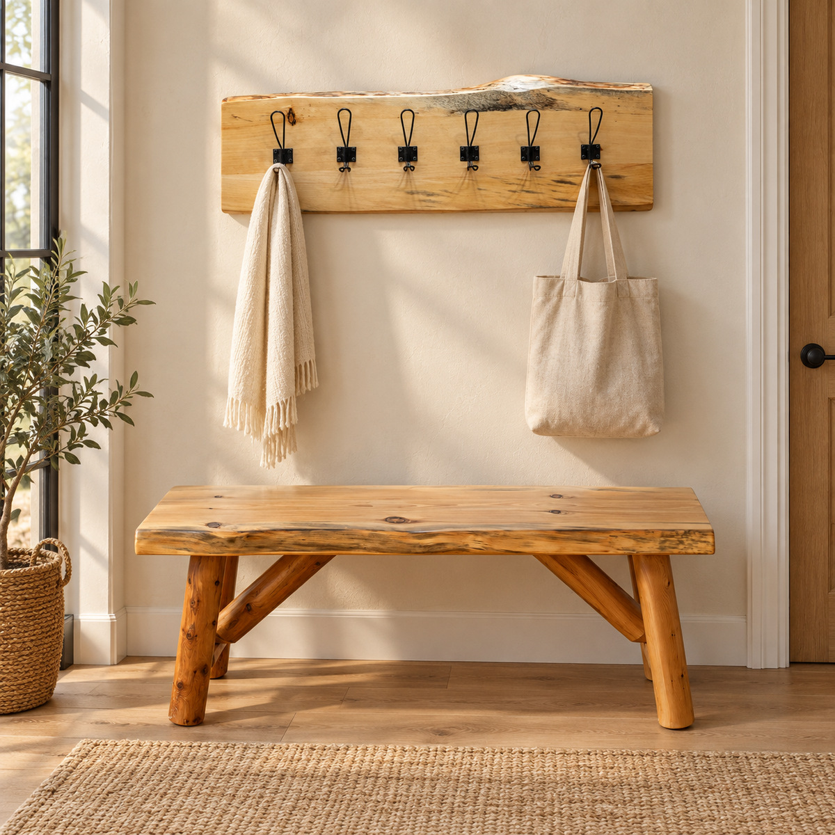 Live Edge Wall Coat Rack with 6 Black Hooks