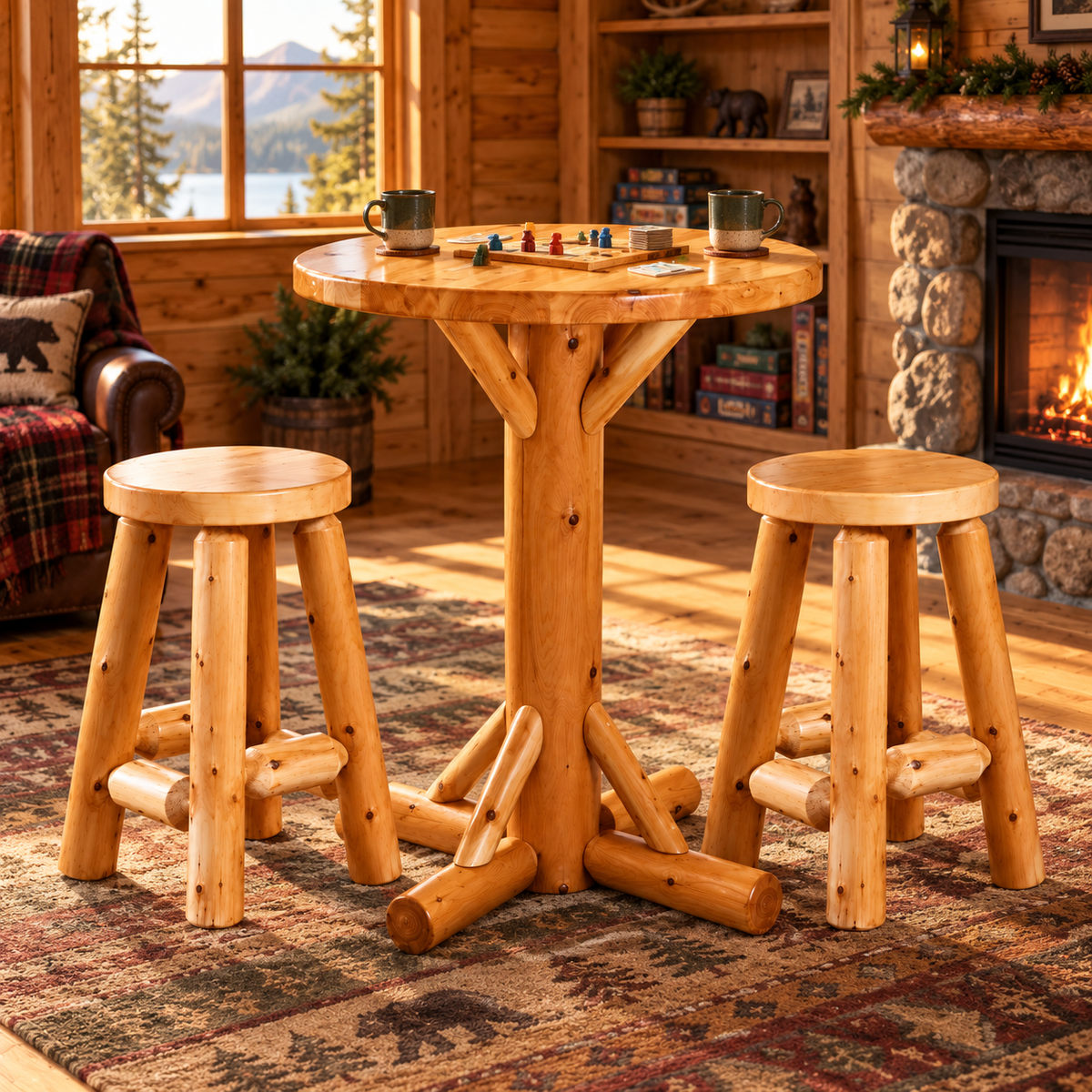 Round Rustic Log Pub Table — Table Only or Set with 2 Stools