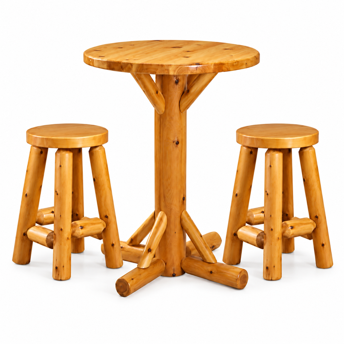 Round Rustic Log Pub Table — Table Only or Set with 2 Stools
