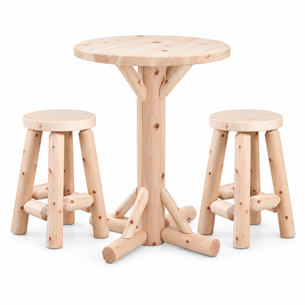 Round Rustic Log Pub Table — Table Only or Set with 2 Stools